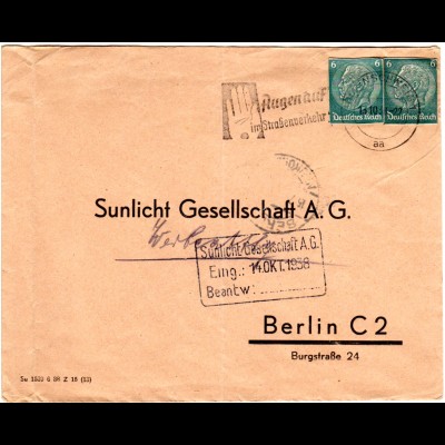 DR 1938, 2x6 Pf. Ganzsachen Ausschnitte auf Brief v. Braunschweig