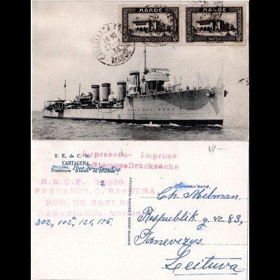 Spanien 1933, Destroyer ALSEDO, ship postcard with 2 Morocco stamps