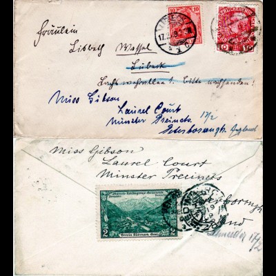 Österreich 1909, 10 H. auf Brief v. Meran m. 10 Pf. DR f. Nachsendung v. Lübeck