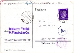 DR 1944, EF 6 Pf. auf Zensur Karte v. Berlin n. Finnland. Sogen. Europaporto.