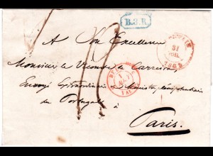 Belgien 1838, roter K2 LOUWAIN auf Porto Brief m. B3R v. Heverlé n. Frankreich.