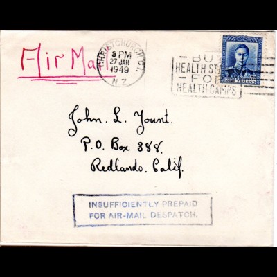 Neuseeland 1949, Luftpost Brief m. R1 Insufficiently Prepaid for Air-Mail...