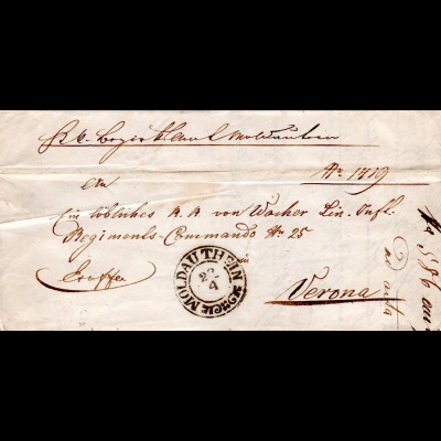 Österreich 1857, Böhmen Zier-K2 MOLDAUTHEIN auf Militär Brief n. Verona, Italien