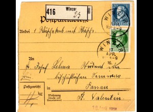 Bayern 1919, 5+20 Pf. auf Paketkarte m. klarem K1 WINZER