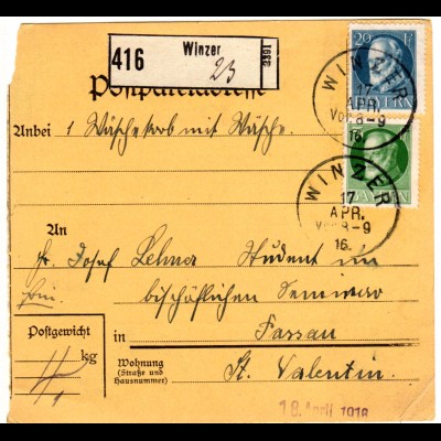 Bayern 1919, 5+20 Pf. auf Paketkarte m. klarem K1 WINZER