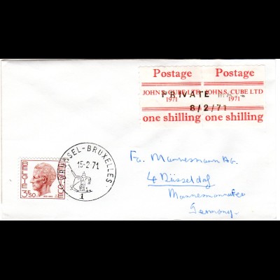 GB 1971, 2 Post Streik Marken John S. Cube Ltd. auf Brief m. Belgien Marke 