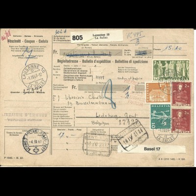 Schweiz 1961, 5 Marken auf Paketkarte v. Lausanne La Sallaz n. Belgien