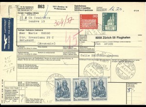 Schweiz 1971, 5 Marken auf Paketkarte v. Geneve 19 Pt-Saconnex n. Rumänien