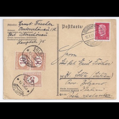 DR Italien 1933, 15 Pf auf Karte v Oberschönau Schmalkalden m Porto Marken #1715
