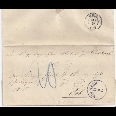 Bayern 1879, K1 Volkach auf Porto Brief n. ORB, ehemals bayer. Postort! . #1704