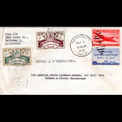 Guadeloupe 1946, 1+15 Fr. Nachsende Frankatur auf US Brief v. Berkely m. 2x5 C. 