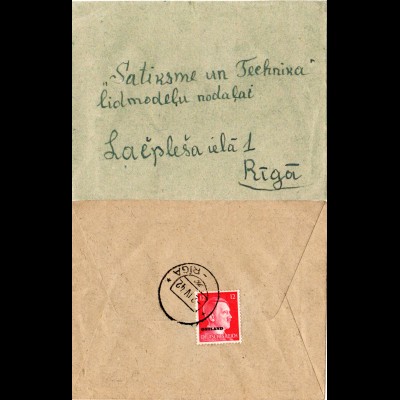 Ostland 1942, 12 Pf. rücks. auf Lettland Brief m. aptiertem Bahnpost Stpl. -RIGA