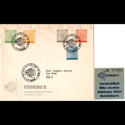Schweden, Stockholmia 1955, 5 Werte kpl. auf FDC Brief m. entspr. Sonderstpl.