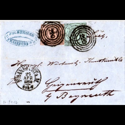Taxis 1860, 3+6 Kr. auf Brief v. Frankfurt n. Bayern