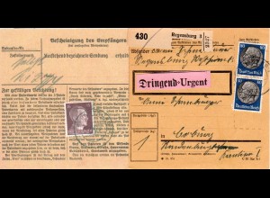DR 1942, 2x80+rs.15 Pf. auf Paketkarte v. Regensburg m. Extragebühr f. Dringend