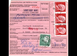 Schweden 1972, 3x Kr+50 öre auf Int. Postanweisung v. Helsingborg n. Deutschland