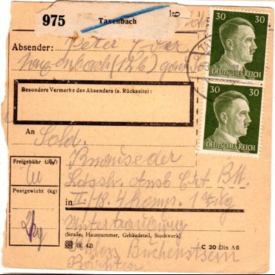 DR 1944, MeF 2x 30 Pf. auf Ostmark Paketkarte v. Taxenbach n. Unterdrauburg.