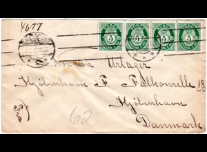 Norwegen 1919, 4x5 öre auf Brief v. HAUGESUND n. Dänemark.