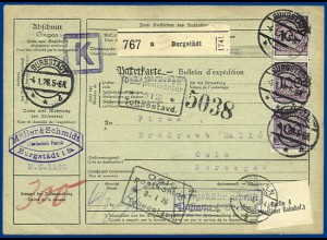DR Norwegen 1926, MeF 3mal 100 Pf auf Paketkarte v. Burgstädt m. div. Stpln.