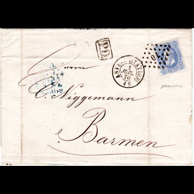 Belgien 1870, 20 C. auf Brief v. Anvers via Bahnpost Verviers n. Deutschland. 
