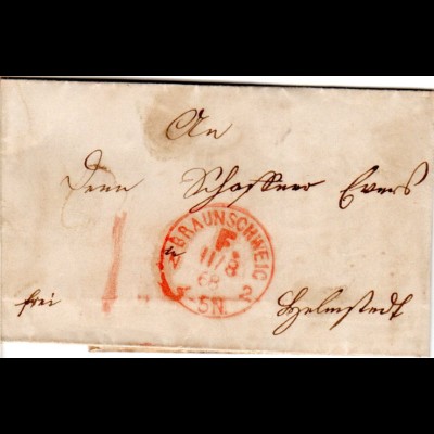 NDP 1868, roter Franco Stpl. BRAUNSCHWEIG N2 auf kl. Brief n. Helmstedt
