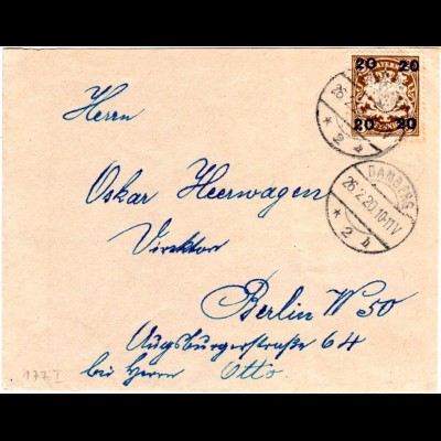 Bayern 177y V, 20/3 Pf. m. höhenversetztem Aufdruck auf Brief v. Bamberg