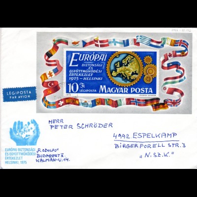 Ungarn 1975, KSZE Block auf Luftpost Brief n. Schweden.