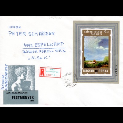Ungarn 1974, Malerei / Gemälde Block auf Reko Brief n. Schweden