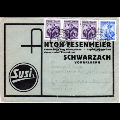 Österreich 1956, 4 Marken auf Susi Reklame Umschlag v. Schwarzach Vorarlberg