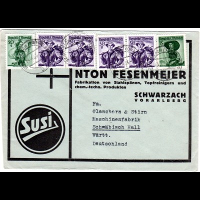 Österreich 1956, 6 Marken auf Susi Reklame Umschlag v. Schwarzach Vorarlberg