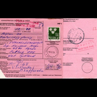 BRD 1968, DORTMUND PSCHA rücks. auf Internationaler Postanweisung v. Schweden