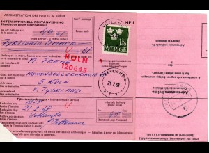 BRD 1968, KÖLN PSCHA rücks. auf Internationaler Postanweisung v. Schweden