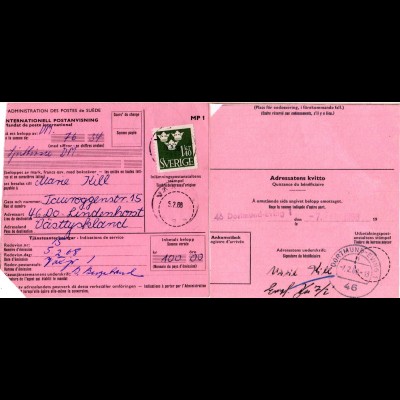 BRD 1968, DORTMUND - EVING rücks. auf Int. Postanweisung v. Schweden