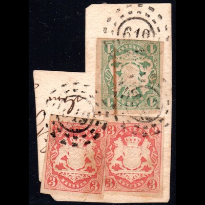 Bayern, oMR 619 Welchenberg 3x auf Briefstück m. 1+3+3 Kr.