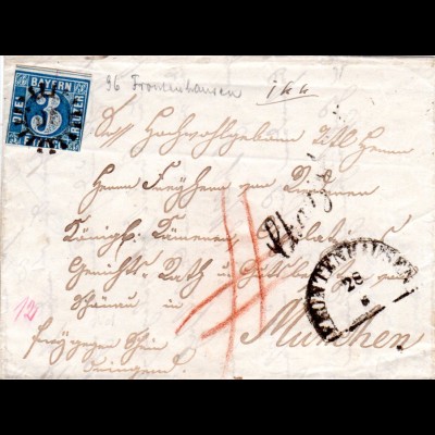 Bayern, MR 96 FRONTENHAUSEN u. L1 Chargé auf Brief m. angeschnittener 3 Kr.