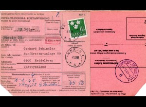 BRD 1968, violett Frankfurt PSchA ah rücks. auf Int. Postanweisung v. Schweden