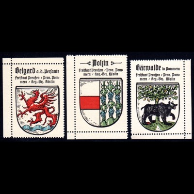 Preussen, Wappen Belgard, Polzin, Bärwalde, 3 Pommern Sammelmarken