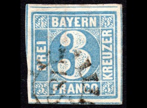 Bayern 2 II, sehr breitrandige 3 Kr. m. 4 Schnittlinien u. MR-Stpl. 188