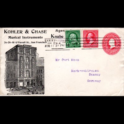 USA 1899, 1+2 C. auf illustriertem 2 C. Musik Ganzsache Brief v. San Francisco