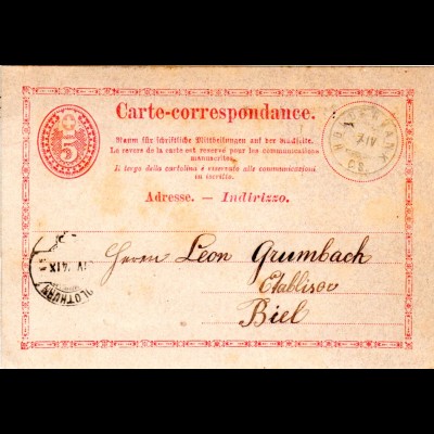 Schweiz 1874, Zwerg Stpl. Holderbank C.S. auf 5 C. Ganzsache n. Biel.