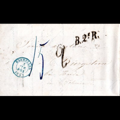 Belgien 1857, B.2e.R. auf Porto Brief v. Bruxelles n. Haida, Böhmen, Österreich
