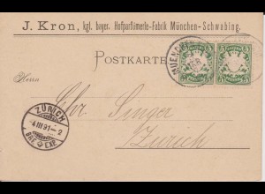 Bayern 1891, K1 Muenchen XXIII, Schwabing auf Firmen Karte i.d. Schweiz. #953