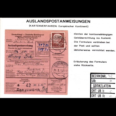 BRD 1955, EF 60 Pf. Heuss auf Auslands Postanweisung v. Donauwörth