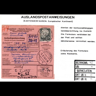 BRD 1955, EF 50 Pf. Heuss auf Auslands Postanweisung v. Donauwörth