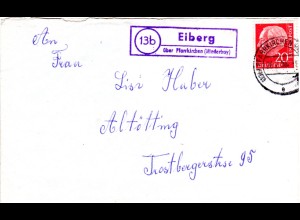 BRD 1958, Landpoststellen-II Stpl. EIBERG über Pfarrkirchen auf Brief m. 20 Pf. 