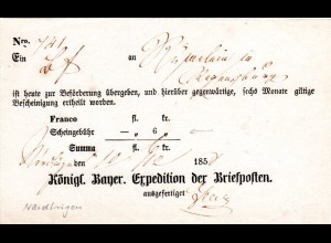 Bayern 1858, hds. Nördlingen auf Postschein m. teilw. eingedruckter Jahreszahl 