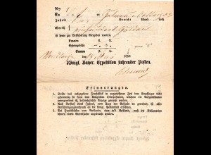 Bayern, Postschein v. Nördlingen m. gr. 5 in eingedruckter Jahreszahl 1858