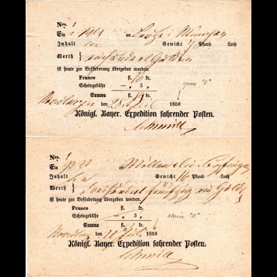 Bayern, 2 Postscheine v Nördlingen m. gr.+kl. 5 in eingedruckter Jahreszahl 1858