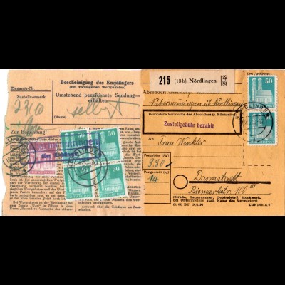 1948, Nähermemmingen über Nördlingen, Landpost Stpl. rücks. auf Paketkarte 
