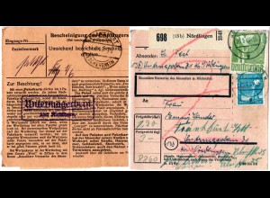 1948, Untermagerbein über Nördlingen, Landpost Stpl. rücks. auf Paketkarte 